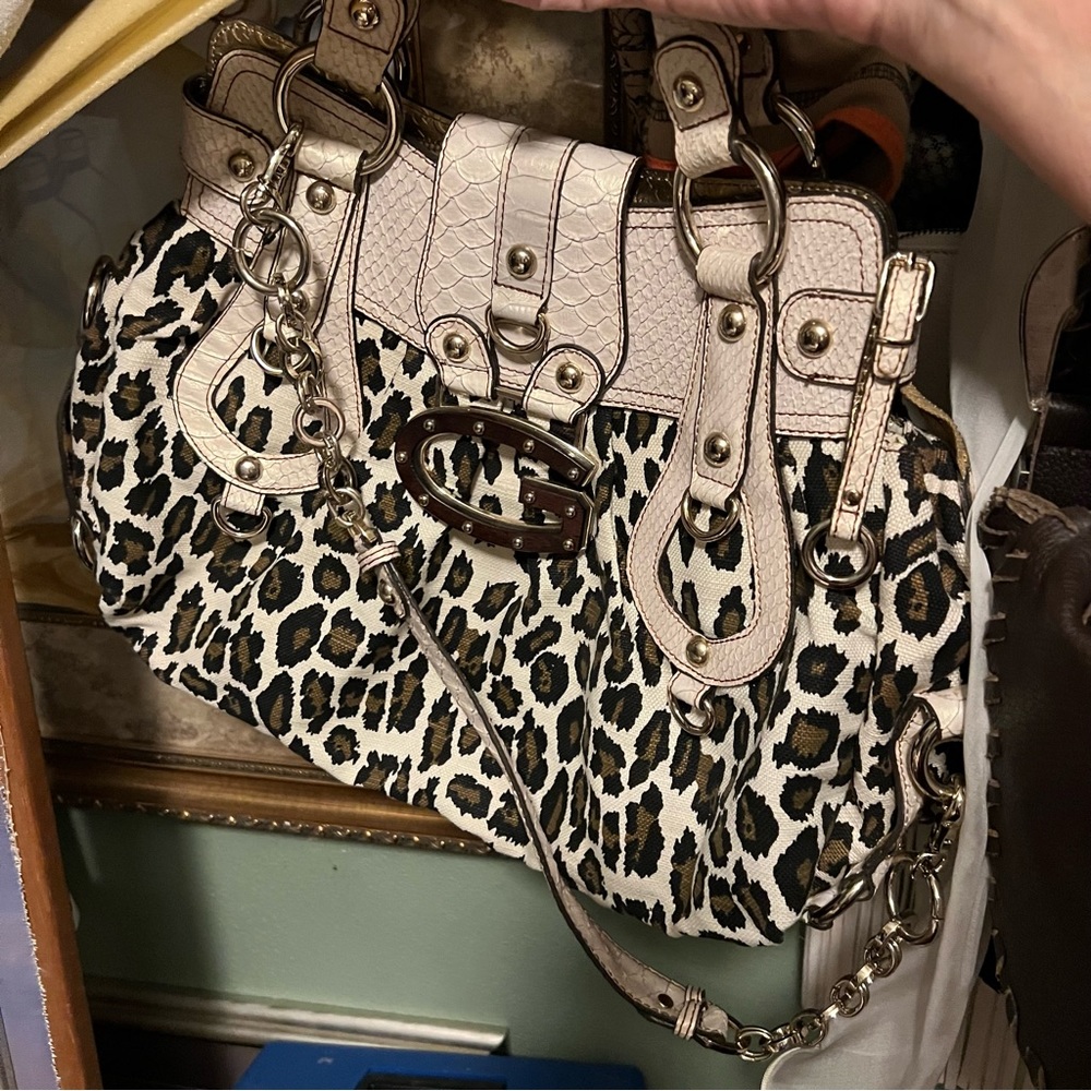 Large & Luxury Cheetah Print on Canvas Bag with embossed Leather by Guess